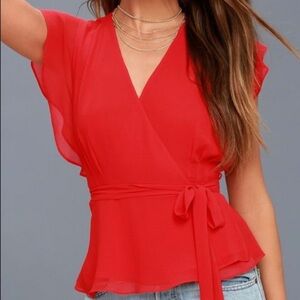 If By Sea Red Short Sleeve V Neck Wrap Blouse